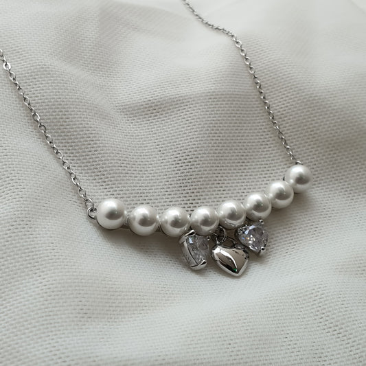 Pearl Necklace with Heart Drop Silver Pendant